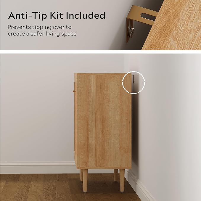 Accent Storage Cabinet Sideboard with Rattan Doors, Boho Buffet Kitchen Bar Cabinet Farmhouse Credenza Cabinets with Adjustable Shelves for Dining Room (Square Doors/Oak)