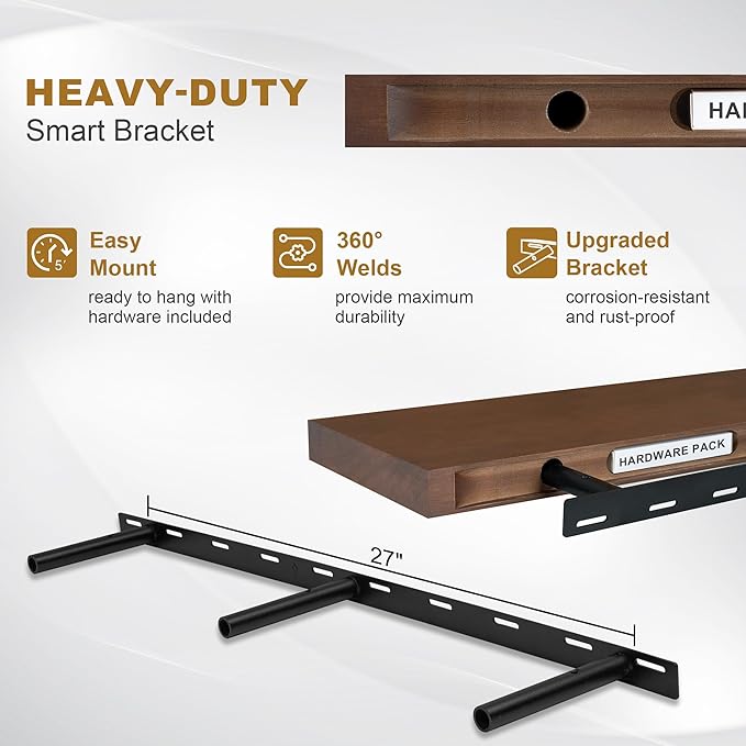 Fun Memories Floating Shelves, 9.3 Inch Deep Solid Pine Wood Wall Shelves for Storage, Rustic Wall Mounted Display Shelf with Invisible Heavy-Duty Metal Bracket, 48 Inch Width, Walnut