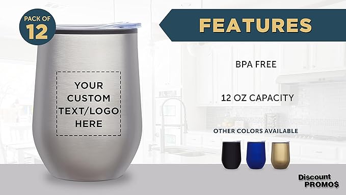 Custom Stemless Wine Tumblers 12 oz. Set of 12, Personalized Bulk Pack - Insulated, Perfect for Wine, Cocktails, Other Hot & Cold Beverages - Silver