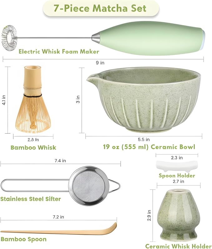 Matcha Whisk Set with Matcha Bowl - Matcha Set Included Electric Frother, Bamboo Whisk, Matcha Spoon, Bamboo Holder, Sifter, Spoon Stand (Mottled Green)