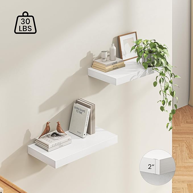 Dreamland 24" Floating Shelves for Wall, 12" Deep Thicker White Floating Shelves, Wall-Mounted Shelves for Bedroom, Living Room, Kitchen, Bathroom - Set of 2