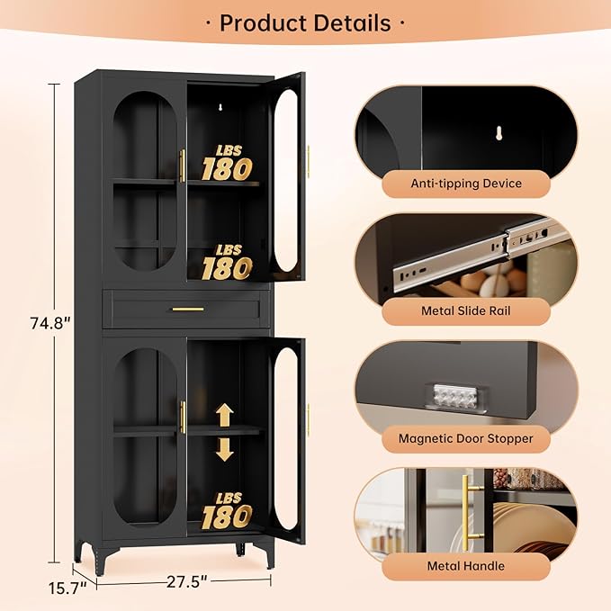 75" Tall Kitchen Pantry Cabinet,Metal Storage Cabinets with 4 Glass Doors and 1 Drawer,Freestanding Display Cupboard for Dining Room,Hallway,Black