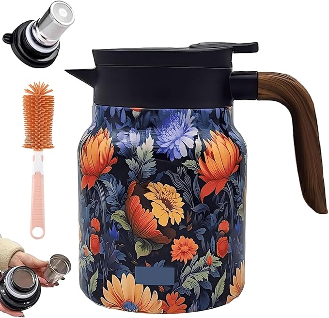 Vintage Floral Pattern Teapot – Built-In Infuser, 800ML/1000ML Heatproof Stainless Steel Teapot with Lid for Hot Drinks (Orange, 800ml-Wooden handle)