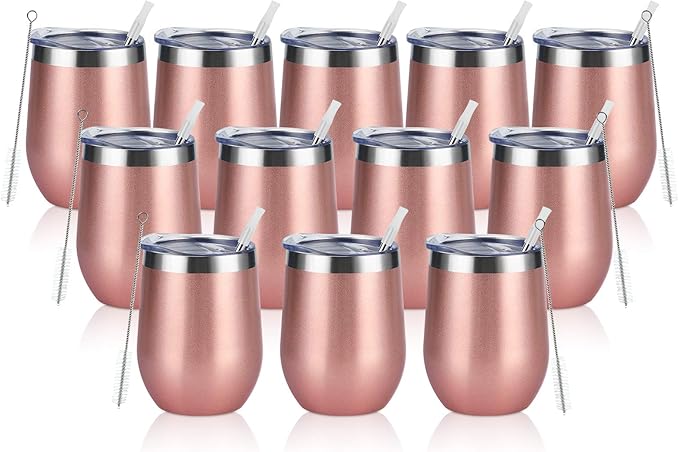 12 Pack Stainless Steel Wine Tumblers, 12Oz Double Wall Vacuum Insulated Wine Tumblers with Lids and Straws, Stainless Steel Stemless Wine Glasses for Coffee, Wine, Cocktails, Champaign, Rose Gold