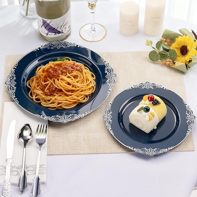700PCS Navy Blue Plastic Plates for 100 Guests, Disposable Plates with Gold Trim include 100 Dinner plates, 100 Dessert Plates, 100 Gold Silverware, Cups and Napkins for Party, Graduation