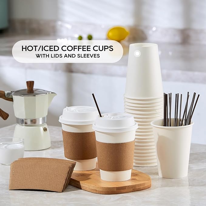 [100 Pack] 12 oz Paper Coffee Cups, Disposable Paper Coffee Cup with Lids, Sleeves, and Stirrers, Hot/Cold Beverage Drinking Cup for Water, Juice or Tea, Suitable for Home, Shops and Cafes