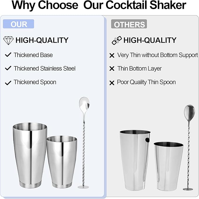 Cocktail Shaker Boston Shaker Set 15 Pcs Professional Bartender Kit Bar Shaker Stainless Steel Drink Shaker Bartending Martini Shaker Tin with 18oz&28oz Mixed Alcohol Shaker Tool for Beginner(Silver)