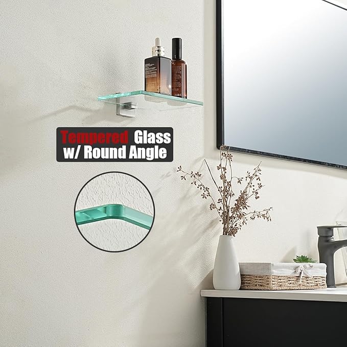 JQK Bathroom Glass Shelf, Tempered Glass Shower Storage 8 by 5 inches, 304 Stainless Steel Brushed Finish Wall Mount, TGS201L8-BN
