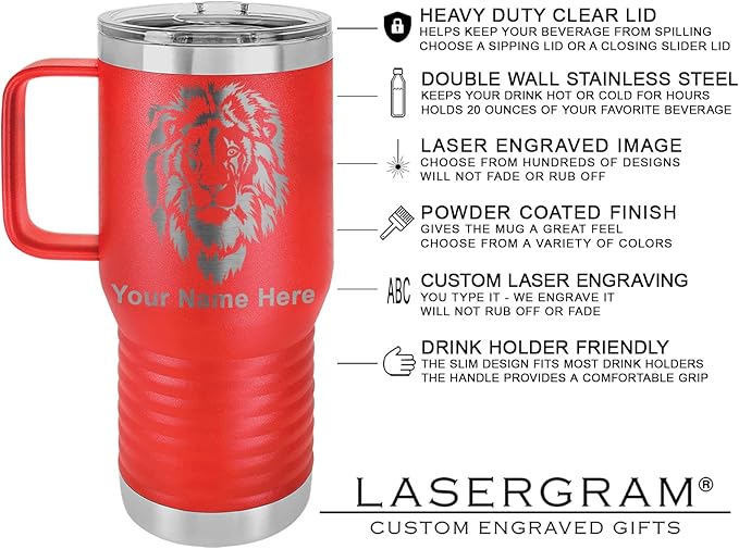LaserGram 20oz Vacuum Insulated Travel Mug with Handle, Sushi, Personalized Engraving Included (Red)