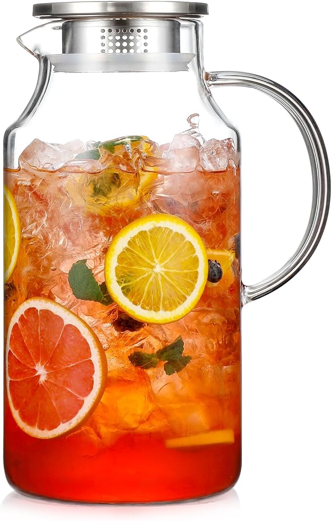 1 Gallon thickened Glass Pitcher with Lid and Spout, Borosilicate Glass Carafe for Hot/Cold Drink, Water Pitchers for Fridge, Extra Large Jug with Handle for Iced Tea, Coffee,Juice,Homemade Beverage