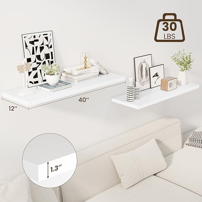 Dreamland 40" Floating Shelves for Wall, 12" Deep Slim White Floating Shelves, Wall-Mounted Shelves for Bedroom, Living Room, Kitchen, Bathroom - Set of 2