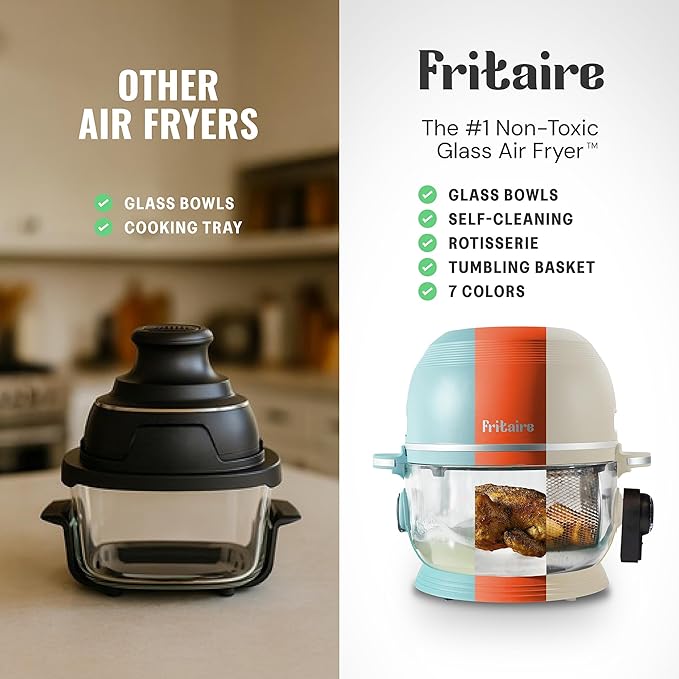 Non-Toxic Air Fryer - Glass AirFryer 5 Quart w/ 360 Visibility, Self-Cleaning, 400F Vortex Air Fryer for Even Cooking, BPA-Free Teflon Free, 6-in-1 Functions, Rotisserie, Roast, Bake, Glass