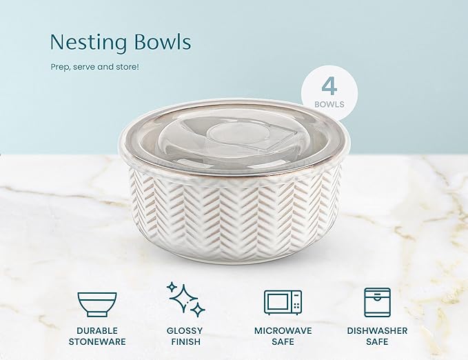 KooK Mixing Bowls, with Lids, Ceramic Nesting Bowls. Space Saving, Set of 4, Embossed, Kitchen, Prep, Stackable, Mix, Gift, Microwave and Dishwasher Safe, 10/16/29/47 oz, Narbonne Collection (Ivory)