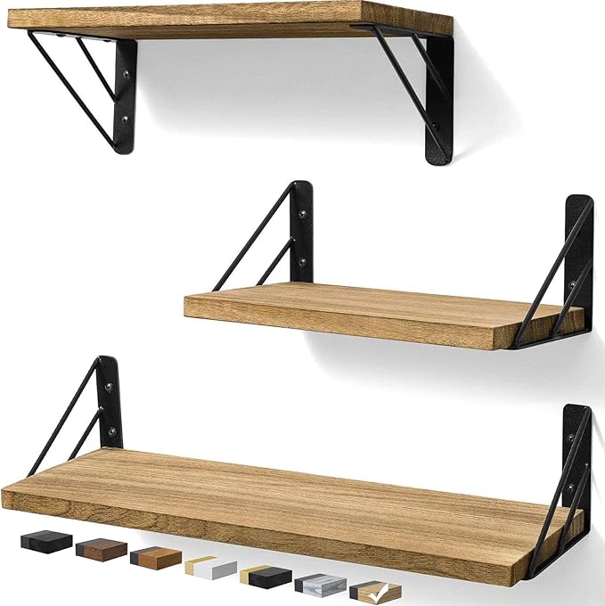 BAYKA Wall Shelves for Bedroom Decor, Floating Wall Shelves for Living Room Kitchen Storage, Wall Mounted Rustic Wood Floating Shelves for Kids Books, Corner Shelves for Bathroom(Brown，Set of 3)