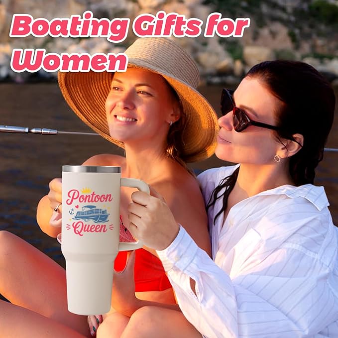 Gtmileo Pontoon Boat Gifts, Pontoon Queen Insulated Coffee Mug, Christmas Birthday Holiday Gift for Pontoon Owner Boat Lover Women (40-Oz, Beige)