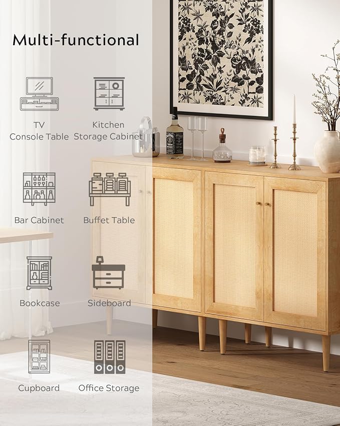 Accent Storage Cabinet Sideboard with Rattan Doors, Boho Buffet Kitchen Bar Cabinet Farmhouse Credenza Cabinets with Adjustable Shelves for Dining Room (Square Doors/Oak)
