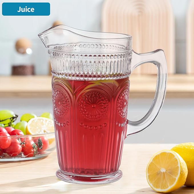 MDLUU Vintage Glass Pitcher, Glass Carafe, Bar Mixing Pitcher Glassware, Water Carafe Jug for Beverage, Cocktail, Juice, Milk, Ice Tea, 50 Oz