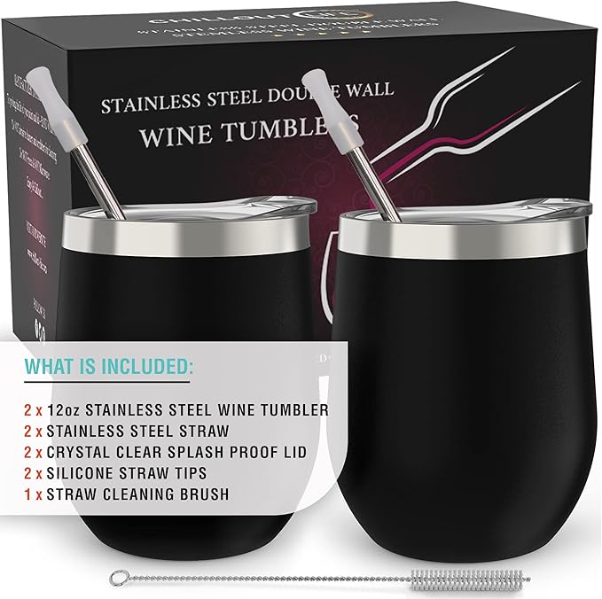 CHILLOUT LIFE 12 oz Stainless Steel Wine Tumblers 2 Pack - Double Wall Vacuum Insulated Wine Glasses Cups with Lids and Straws Set Keeping Cold & Hot for Coffee, Beer, Ice Cream - Powder Coated Black