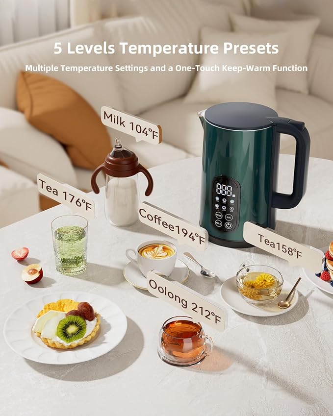 Electric Kettle temperature control 1.7-liter stainless steel kettle,Five Temperature Control Modes,Two-hour heat retention,Green