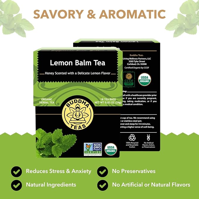 Buddha Teas Organic Lemon Balm Tea - OU Kosher, USDA Organic, CCOF Organic, 18 Count (Pack of 6)