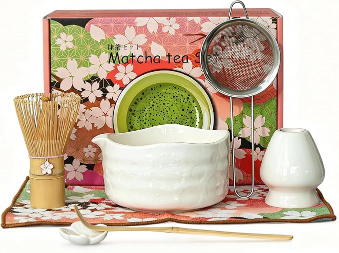Matcha Whisk Set––7pcs Japanese Matcha Set Kit with Matcha Bowl, Bamboo Whisk, Whisk Holder, Scoop, Towel&Sifter–Perfect for Matcha Lovers&Tea Ceremonies-Daisy White