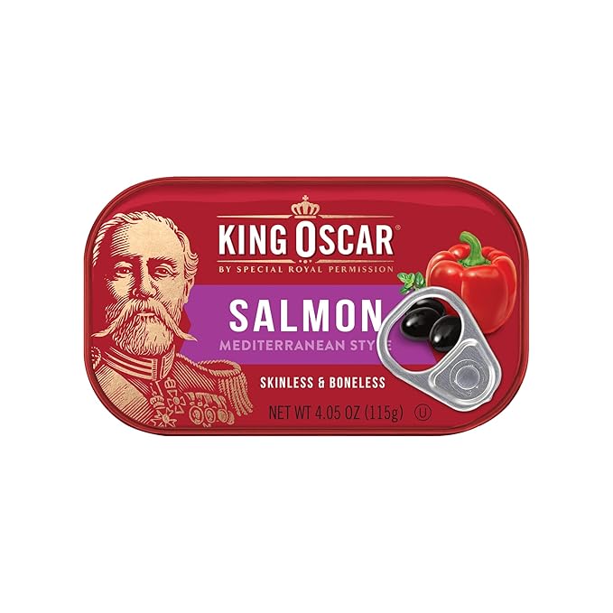 King Oscar Premium Salmon in Olive Oil, Mediterranean Style, 4.05-Ounce Cans (Pack of 12, Packaging May Vary), Skinless & Boneless Salmon