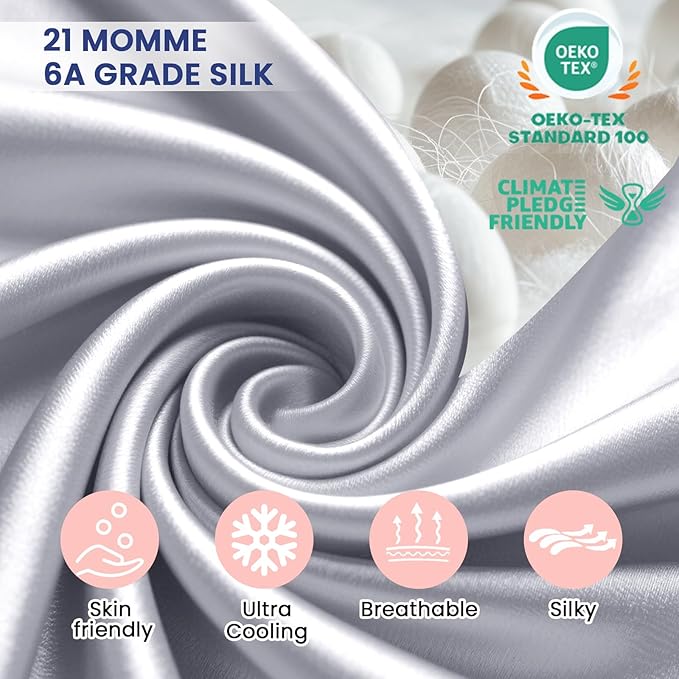 Silk Pillow Cases 2 Pack for Hair and Skin with Hidden Zipper, Ravmix Mulberry Silk Pillowcases Standard Size 20×26inches Set of 2 Silk Cooling Pillow Cases, Silver Grey