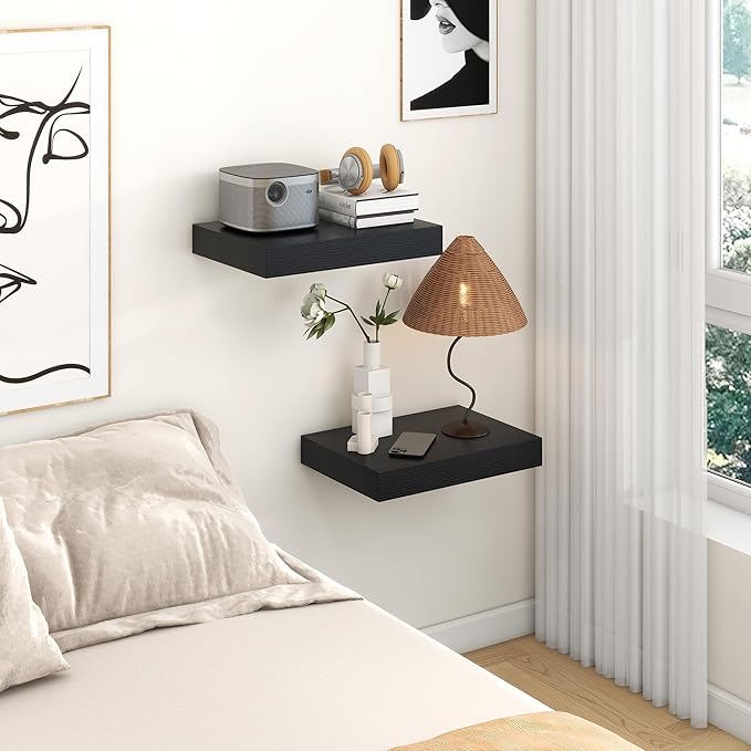 Deep Floating Shelves | 16 Inch Black Floating Shelves Set of 2 | 12 Inch Deep Black Wall Shelves | Deep Shelves for Living Room Bathroom Kitchen Bedroom