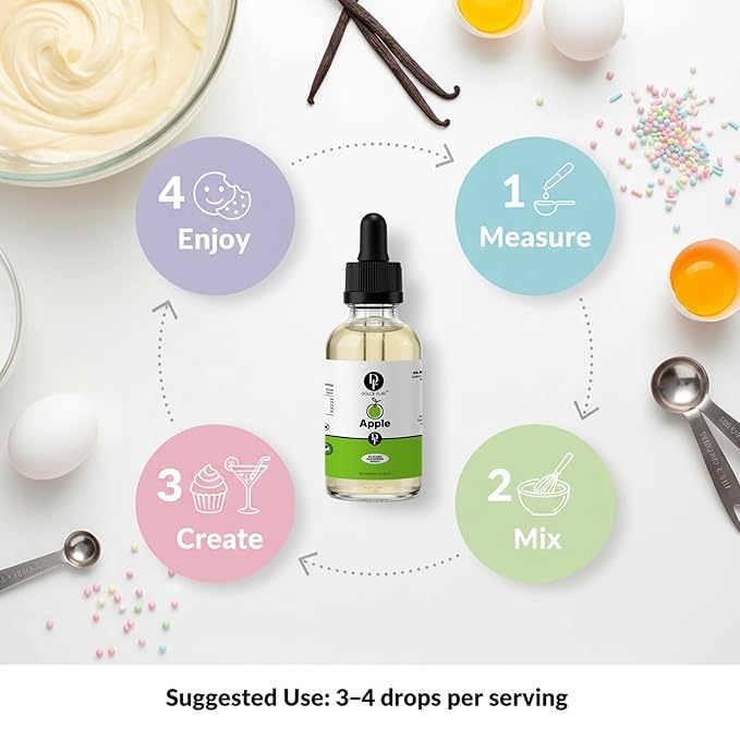 Dolce Flav Apple Extract – 2 Ounce Oil-Soluble Kosher, Sugar-Free, Concentrated Crisp Apple Flavoring for Baking, Chocolates & Desserts, Includes Measured Dropper