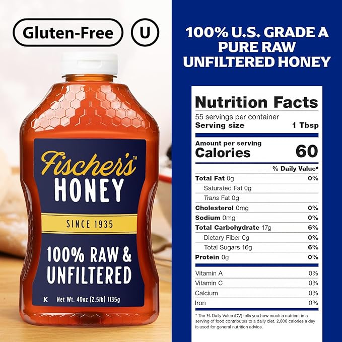 Fischer's 100% Pure, Raw & Unfiltered Honey, 40 oz – All-Natural Sweetener – Rich Flavor Profile, Packed with Nutrients