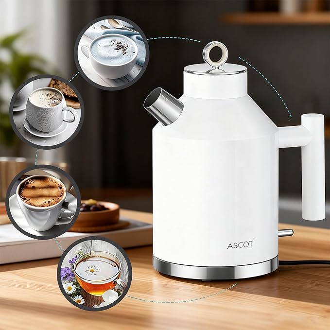 ASCOT Electric Kettle, Electric Tea Kettle 1.6L 1500W Retro Tea Heater & Boiling Water, Auto Shut-Off and Boil-Dry Protection (White)