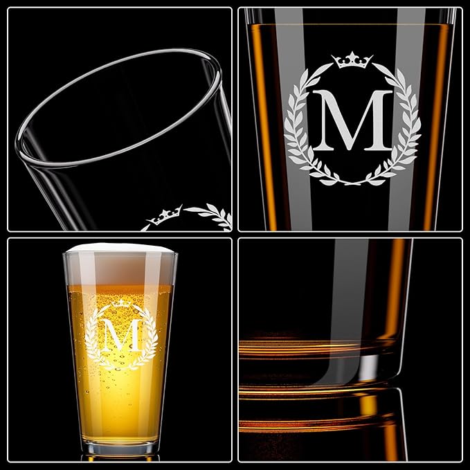 Personalized Beer Glasses Gifts for Men, 16 oz Pint Glasses Monogrammed A-Z Drinking Glass Cups Customized Gift, Unique Christmas Anniversary Birthday Gifts for Men Him Dad Brother Husband Grandpa (M)