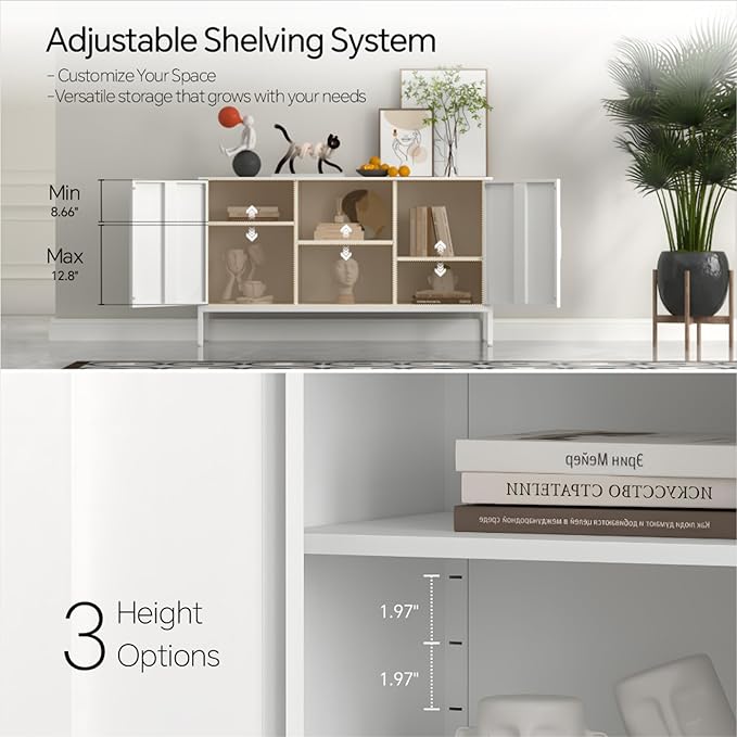 TV Stand with Door and Adjustable Shelves Sideboard Buffet Cabinet Coffee Bar Metal Locker Pantry with 2 Shelves for Office Home Kitchen Living Room (White, 47.24" D x 13.78" W x 29.53" H)