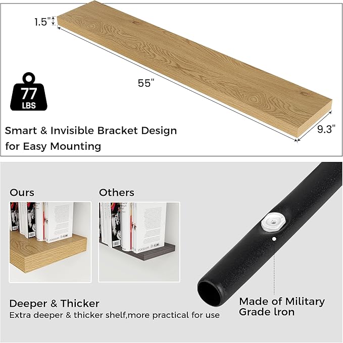 Floating Shelves for Wall, Engineered Wood Wall Shelves with Invisible Brackets for Living Room Bedroom Bathroom Office Kitchen Decor and Storage (Oak, 55" W x 9" D x 1.5" H) Set of 1