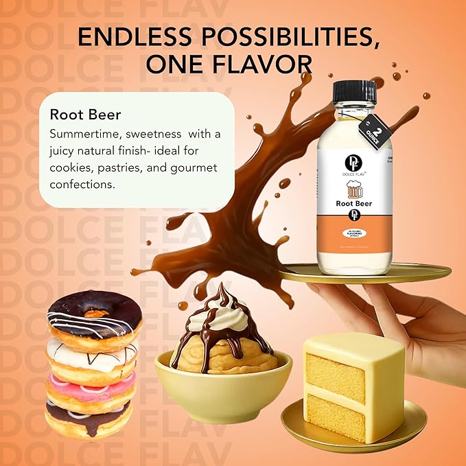 Dolce Flav Root Beer Extract – 8 Ounce Oil-Soluble Kosher, Sugar-Free, Concentrated Classic Root Beer Flavoring for Baking, Chocolates & Desserts
