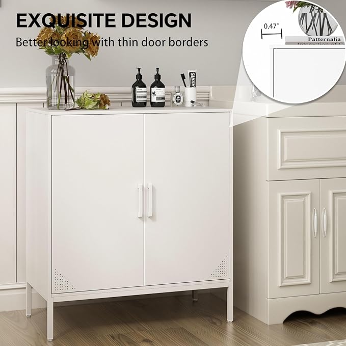 Metal Storage Cabinet with Adjustable Shelves, Steel Buffet Sideboard for Entryway, Living Room, Dining Room, Kitchen, Office, Bar (White, 31.5" D x 15.75" W x 35.43" H)