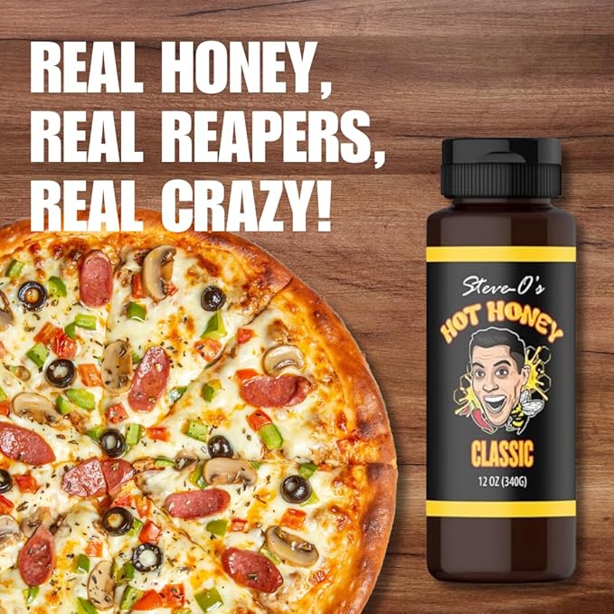 Steve-O's Hot Honey - Classic | Golden Honey & Carolina Reaper Peppers, Sweet & Spicy | Marinades, Dressings, Pizza, Wings, Breakfast & More (12 oz)