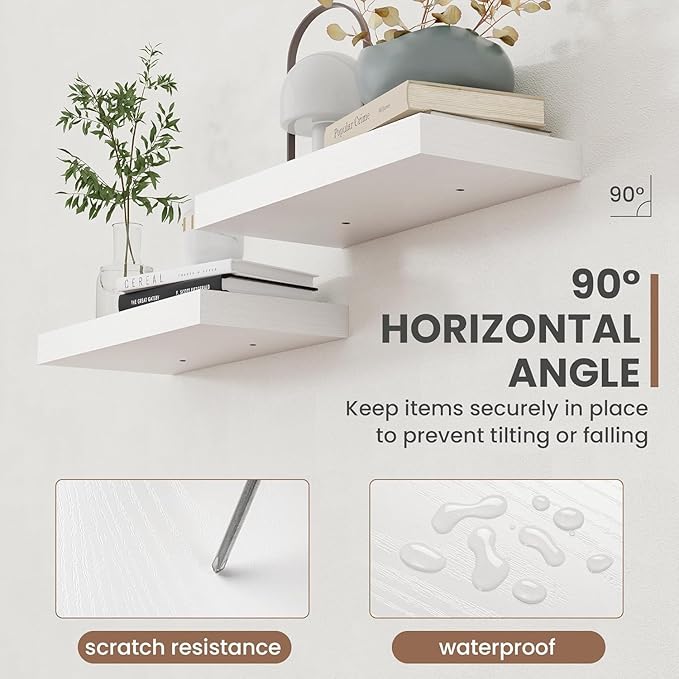 72 Inch Floating Shelves, 8 Inch Deep Floating Shelves for Wall, Hanging Shelf with Invisible Brackets, Deep Shelves for Bathroom, Bedroom, Living Room, White, Set of 1