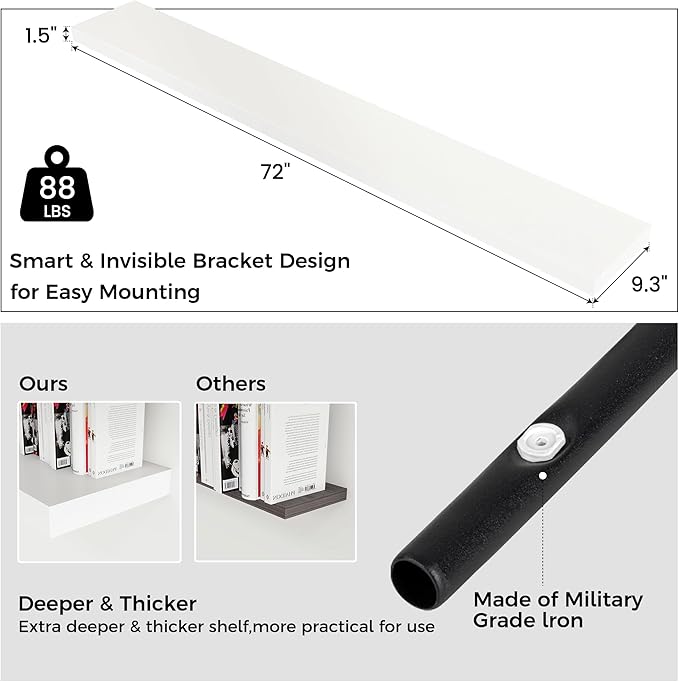 Floating Shelves for Wall, Engineered Wood Wall Shelves with Invisible Brackets for Living Room Bedroom Bathroom Office Kitchen Decor and Storage (White, 72" W x 9" D x 1.5" H) Set of 1