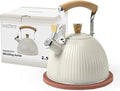LONFFERY Tea Kettle for Stove Top, 2.5 Quart Whistling Tea Kettle, Stainless Steel and Wood Pattern Folding Handle, Creamy White