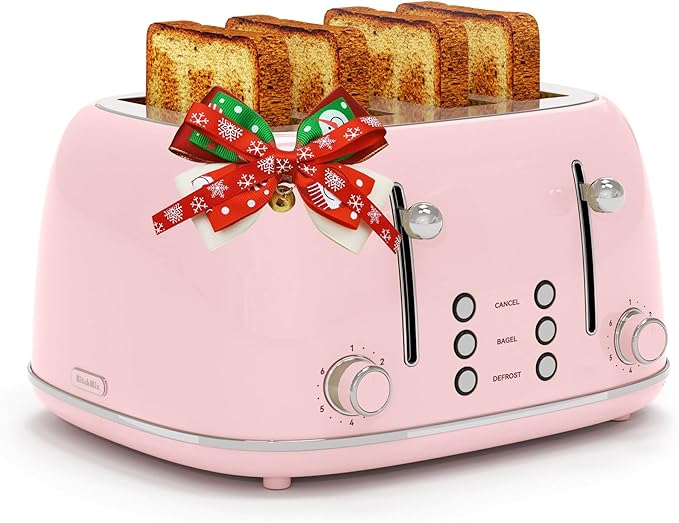 Toaster 4 Slice, Retro Stainless with 6 Bread Shade Settings,1.5''Wide Slots Toaster with Cancel/Defrost/Reheat Functions,Dual Independent Control Panel, Removal Crumb Tray (Pink)