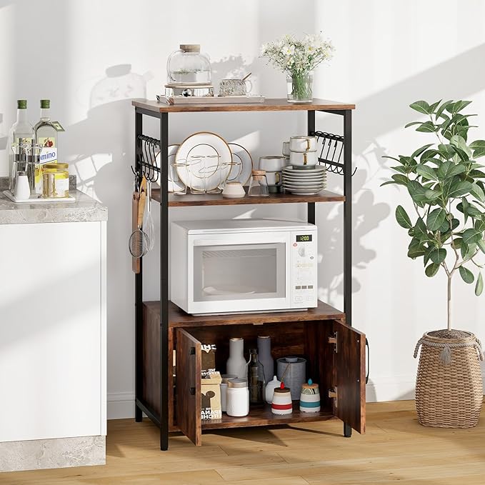 GOFLAME Kitchen Baker's Rack with Cabinet, 3-Tier Pantry Cabinet with 2 Open Shelves, 10 S-Shaped Hooks, Industrial Microwave Oven Stand with Metal Frame, Bookshelf Rack for Living Room, Brown