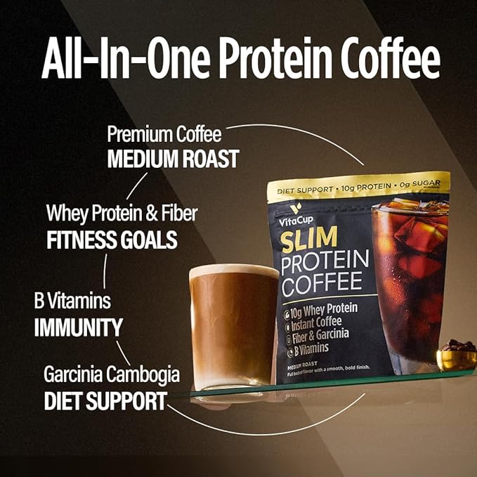 VitaCup Slim Protein Coffee Shake for Diet Support, Instant Coffee w/Whey Protein Powder, B Vitamins & Fiber, Dietitian Developed for Performance & Taste, Make as Iced Coffee or Shake, 2 Bags