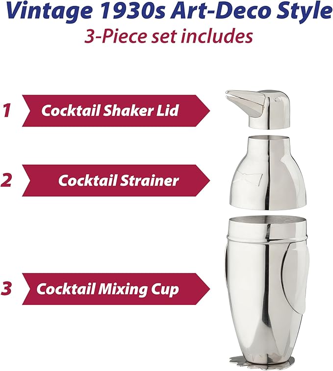 HIC Kitchen Bar Penguin Cocktail Shaker, 18/8 Stainless Steel, Mirror Finish, 3-Piece Set, Holds 18-Ounces