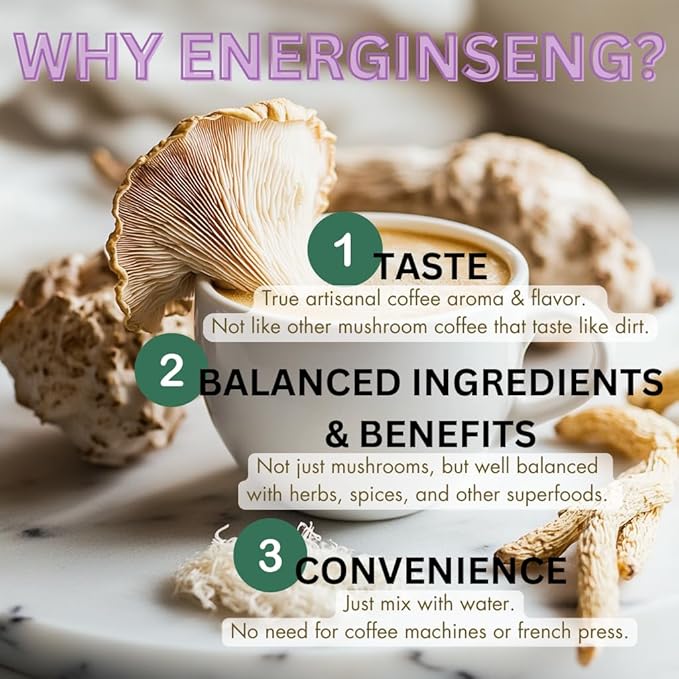 Energinseng Mushroom Coffee - Artisanal Instant Americano Espresso with Nootropics, Adaptogens, Prebiotics, and Antioxidants - 3.5oz (100g)