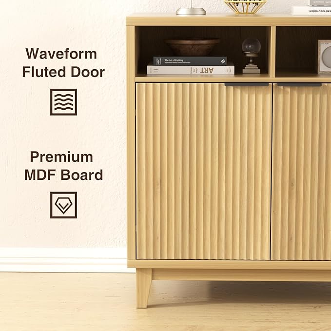 Fluted Sideboard Cabinet with Wavy Door Panel, Solid Wood Leg & Adjustable Shelf, Quality MDF Storage Cabinet for Entryway, Living Room, Dining Room, 15.7" D x 31.5" W x 32.3" H