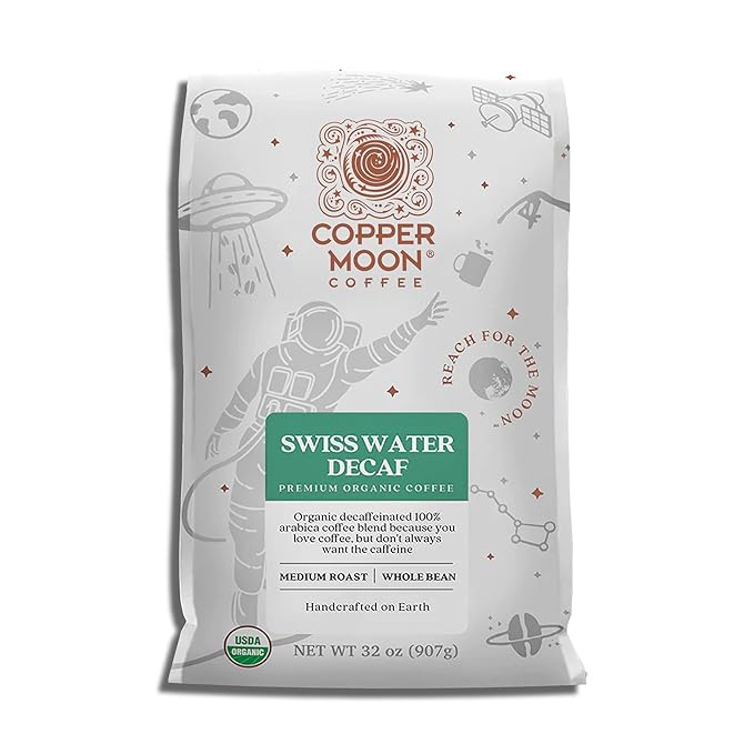Copper Moon Whole Bean Coffee, Medium Roast, Swiss Water Organic Decaffeinated Blend, 2 Lb