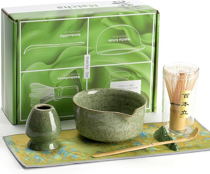 Matcha Whisk Set Ceramic Matcha Kit Set Includes Matcha Bowl, Matcha Whisk and Holder, Bamboo Scoop, Scoop Rest, Sifter and Tea Towel - 7 Pcs Matcha Kit for Matcha Lovers (Matcha Green)