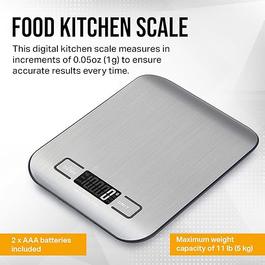 Food Kitchen Scale, Digital Food Scale with LCD Display Weight Measurement, 304 Stainless Steel, Kitchen Essentials and Accessories for Baking Cooking and Meal Prep