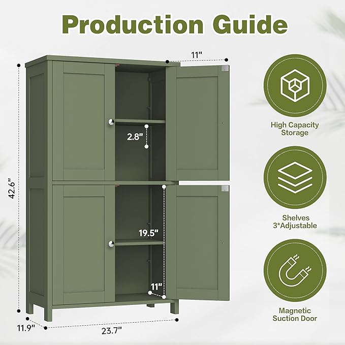 Nuturelly Bathroom Floor Storage Cabinet, Freestanding Pantry Cabinets with 4 Doors & 3 Adjustable Heights, Bathroom Organizers and Storage with Top Board & Metal Handles for Kitchen, Pale Green
